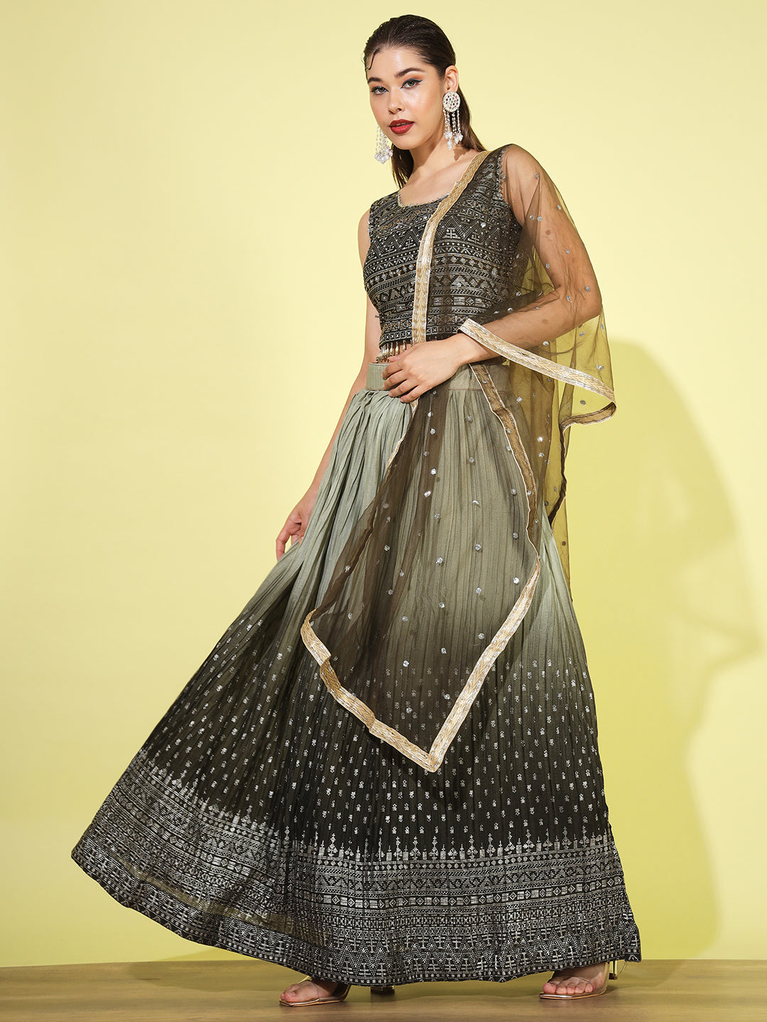 Ombre Pleated Lehenga with Embellished Tassled Blouse & Net Dupatta