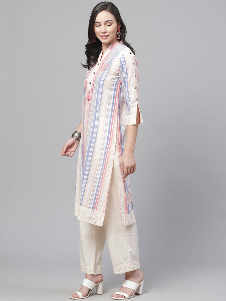 Made to Measure Jute Cotton Kurta Pallazo Set With Stylised Sleeves & Lace Trimming