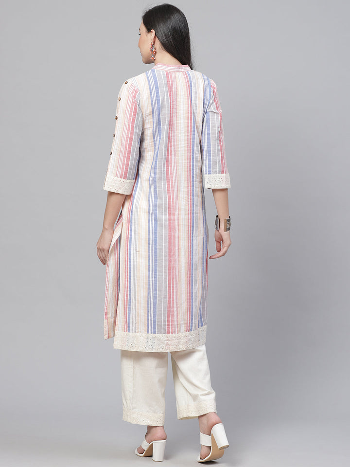 Made to Measure Jute Cotton Kurta Pallazo Set With Stylised Sleeves & Lace Trimming