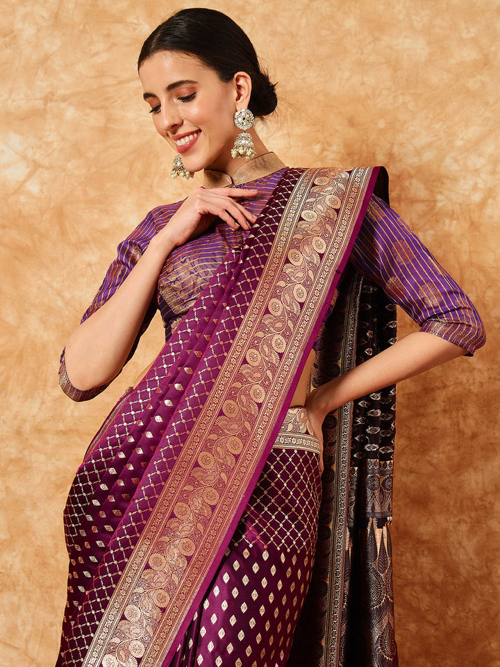 Burgundy  Ethnic Buti Jaal Weaving Kanjeevaram Pure Silk Saree