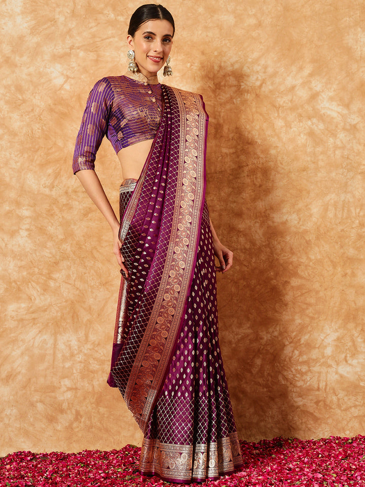 Burgundy  Ethnic Buti Jaal Weaving Kanjeevaram Pure Silk Saree