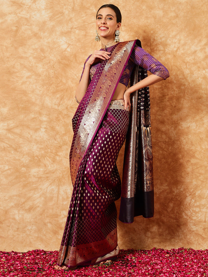 Burgundy  Ethnic Buti Jaal Weaving Kanjeevaram Pure Silk Saree