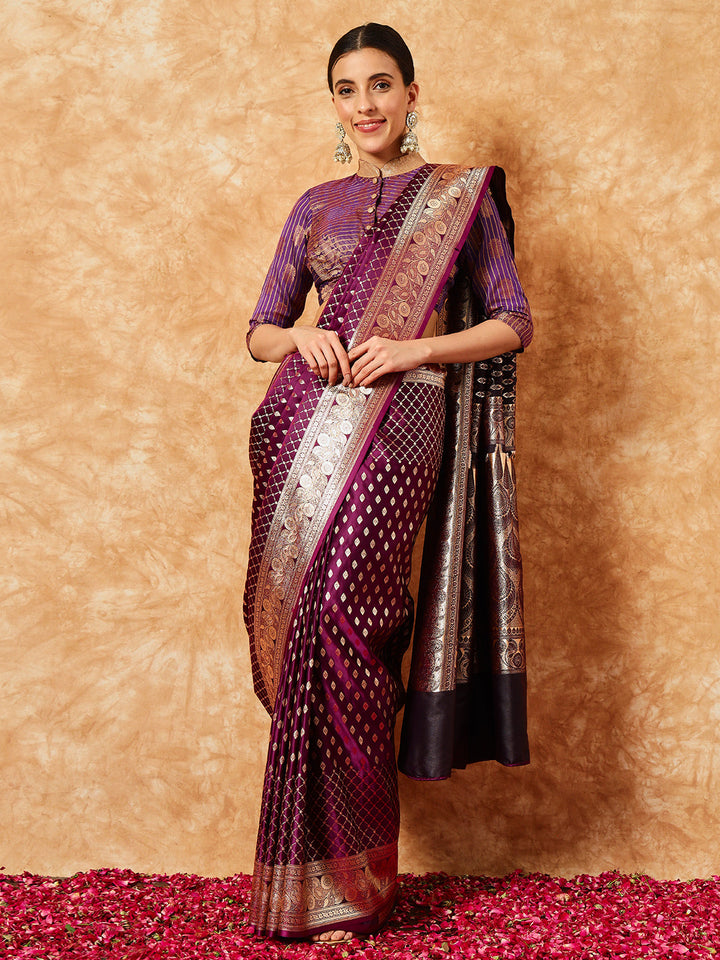 Burgundy  Ethnic Buti Jaal Weaving Kanjeevaram Pure Silk Saree