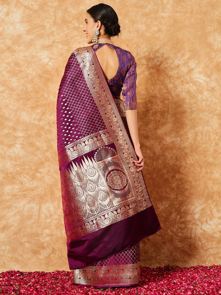Burgundy  Ethnic Buti Jaal Weaving Kanjeevaram Pure Silk Saree