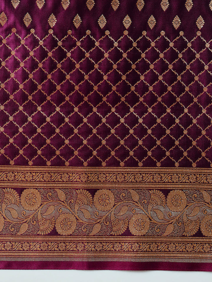 Burgundy  Ethnic Buti Jaal Weaving Kanjeevaram Pure Silk Saree