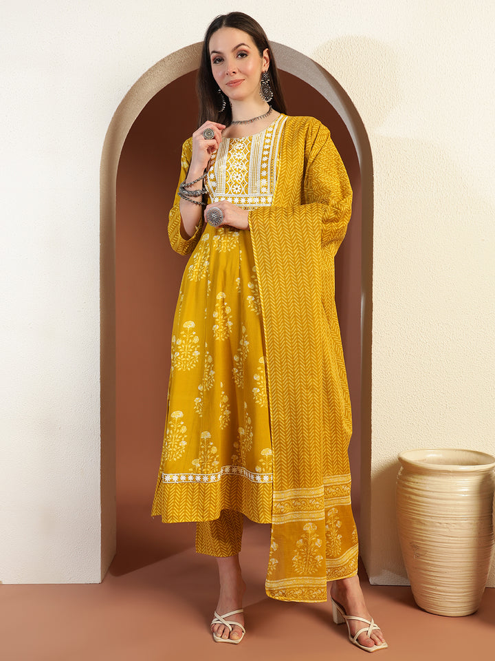 Chhabra 555 Resham Embroidered Flared Cotton Suit with Floral Block Print and Mirror Embellishments