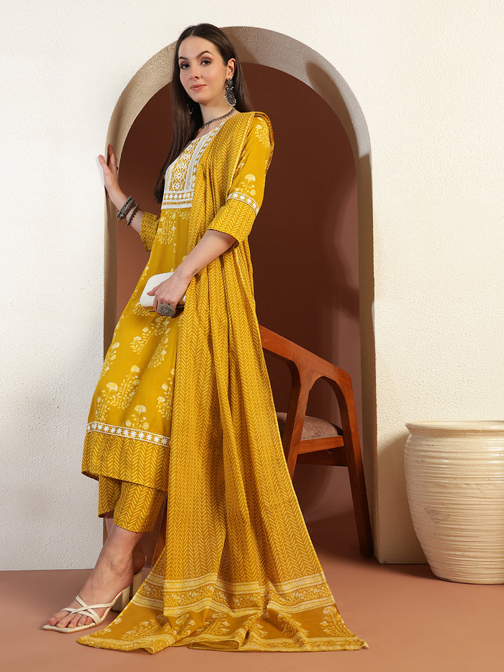 Resham Embroidered Flared Cotton Suit with Floral Block Print and Mirror Embellishments