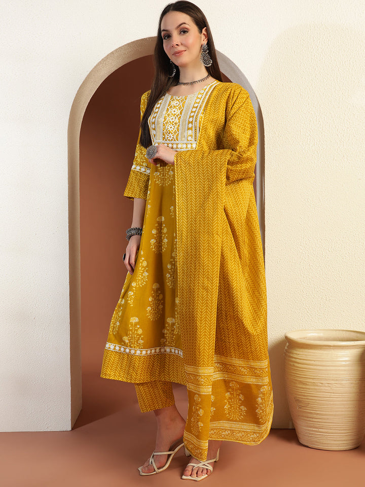 Resham Embroidered Flared Cotton Suit with Floral Block Print and Mirror Embellishments