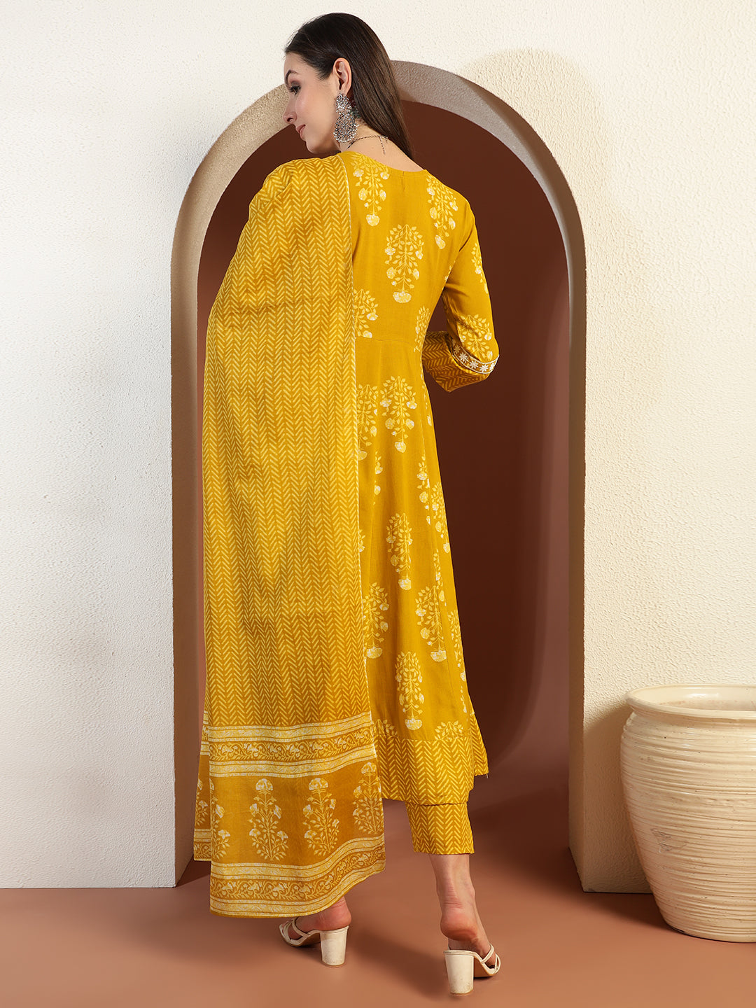 Resham Embroidered Flared Cotton Suit with Floral Block Print and Mirror Embellishments