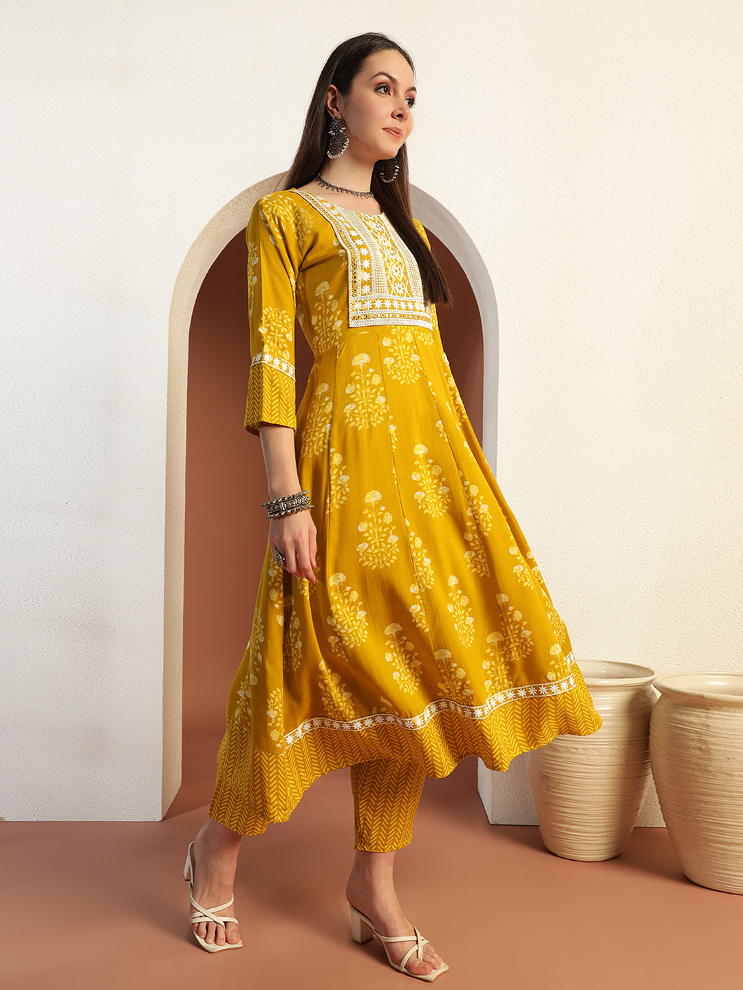 Resham Embroidered Flared Cotton Suit with Floral Block Print and Mirror Embellishments