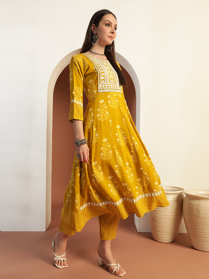 Resham Embroidered Flared Cotton Suit with Floral Block Print and Mirror Embellishments