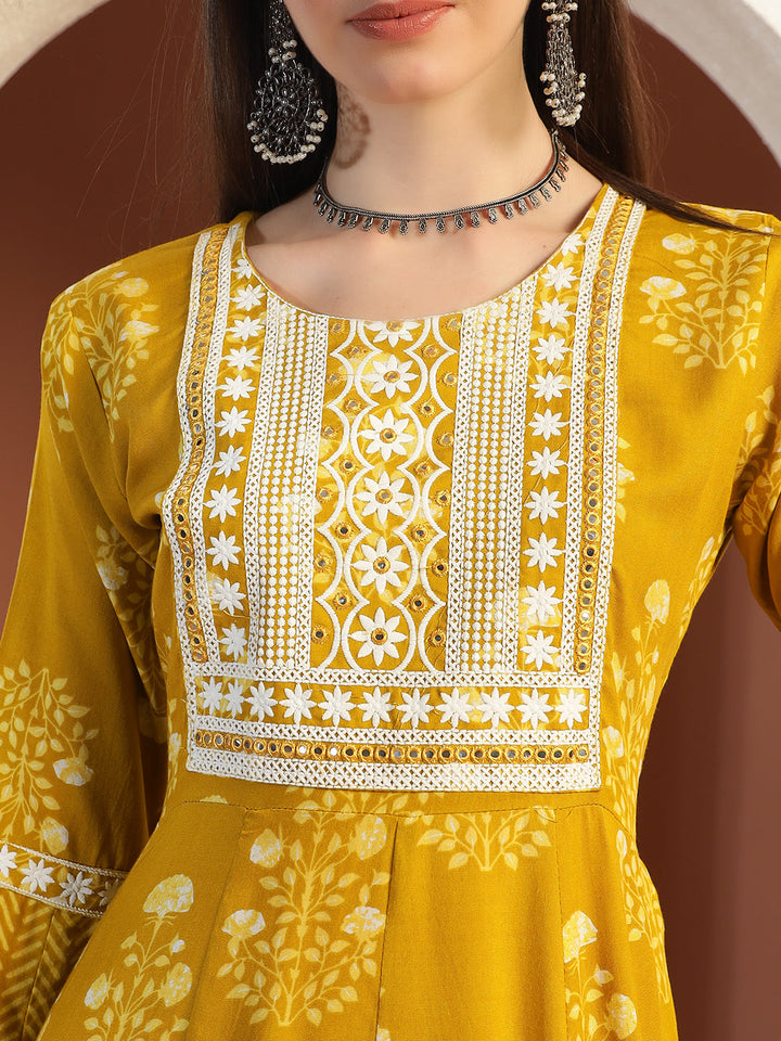 Resham Embroidered Flared Cotton Suit with Floral Block Print and Mirror Embellishments