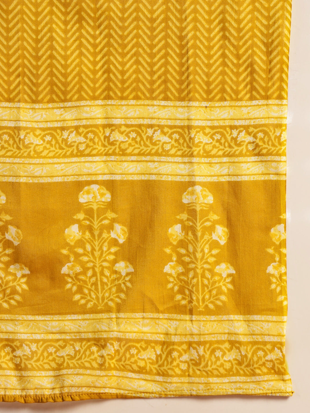 Resham Embroidered Flared Cotton Suit with Floral Block Print and Mirror Embellishments