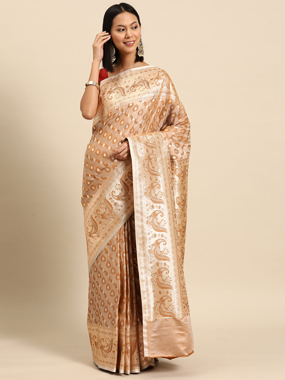 Beige Tassar Resham & Zari Embellish Kanjeewaram Paisley Silk Saree