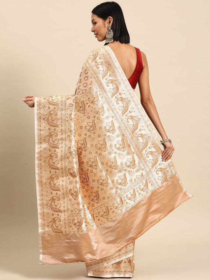 Beige Tassar Resham & Zari Embellish Kanjeewaram Paisley Silk Saree