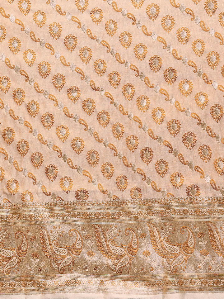 Beige Tassar Resham & Zari Embellish Kanjeewaram Paisley Silk Saree