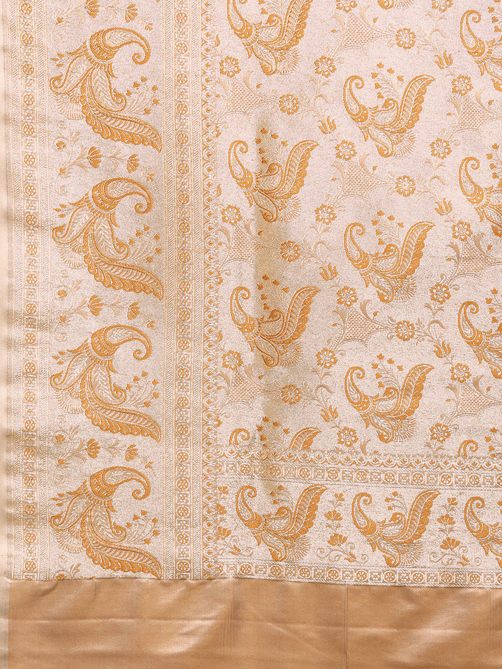 Beige Tassar Resham & Zari Embellish Kanjeewaram Paisley Silk Saree
