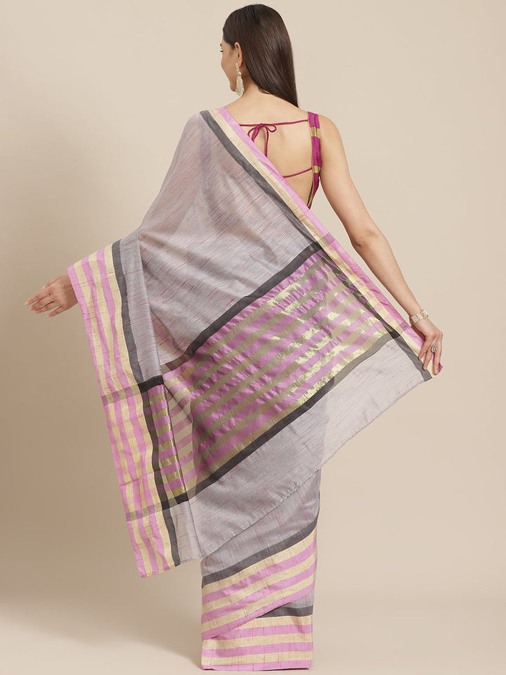 Grey Mangalagiri Jute Silk Saree with Colorblocked Contrast Color Striped Border & Pallu