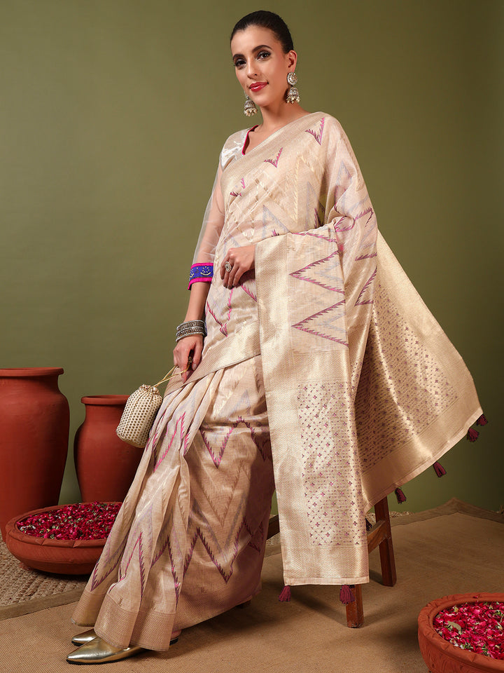 Chhabra 555 Ageless Traditional Banarasi Chanderi Jute Cotton Saree with Meenakari Resham Weaving