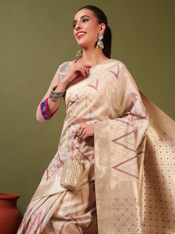 Ageless Traditional Banarasi Chanderi Jute Cotton Saree with Meenakari Resham Weaving