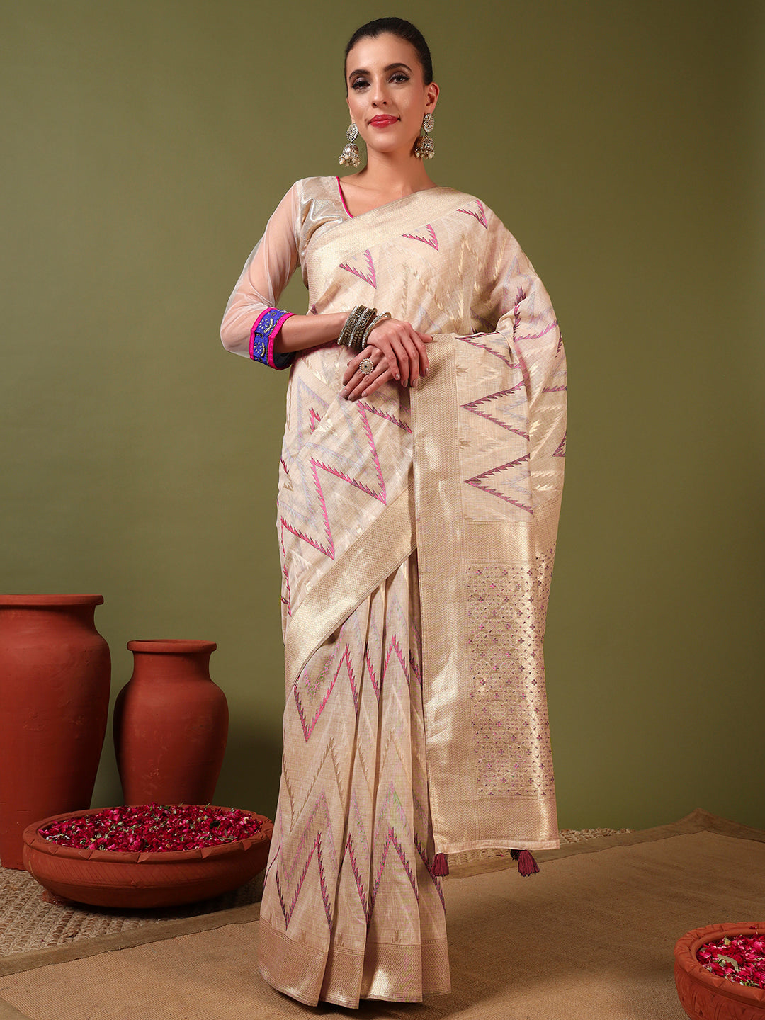 Ageless Traditional Banarasi Chanderi Jute Cotton Saree with Meenakari Resham Weaving