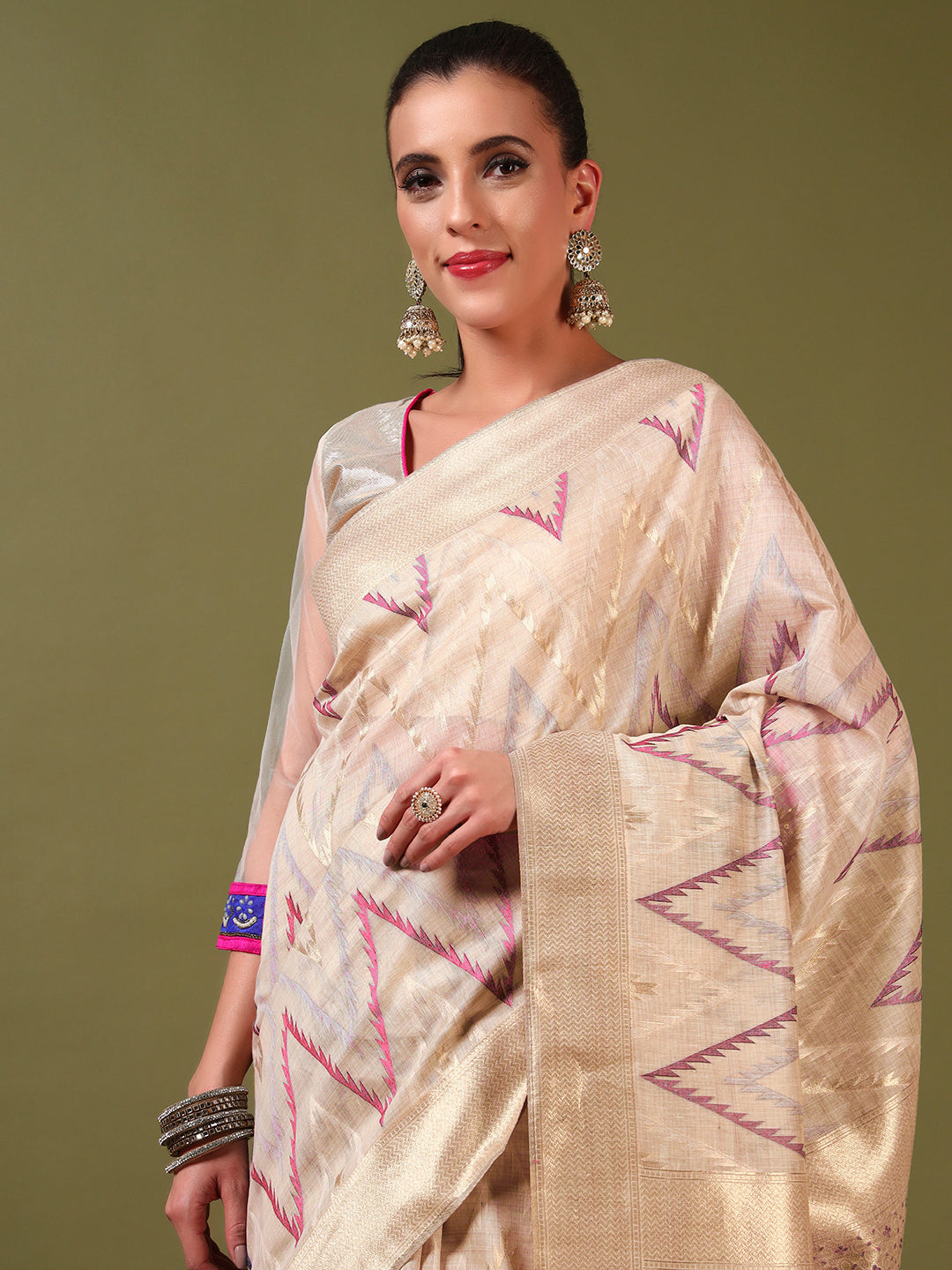 Ageless Traditional Banarasi Chanderi Jute Cotton Saree with Meenakari Resham Weaving