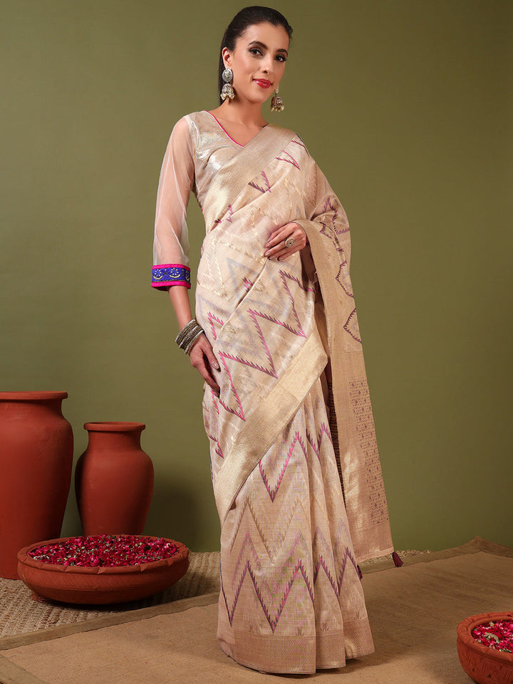 Ageless Traditional Banarasi Chanderi Jute Cotton Saree with Meenakari Resham Weaving