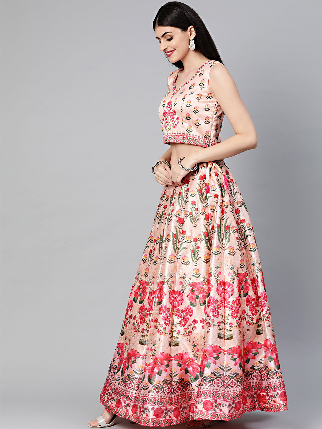 Embellished Digital Print Crop Top Set with Floral Tribal Pattern