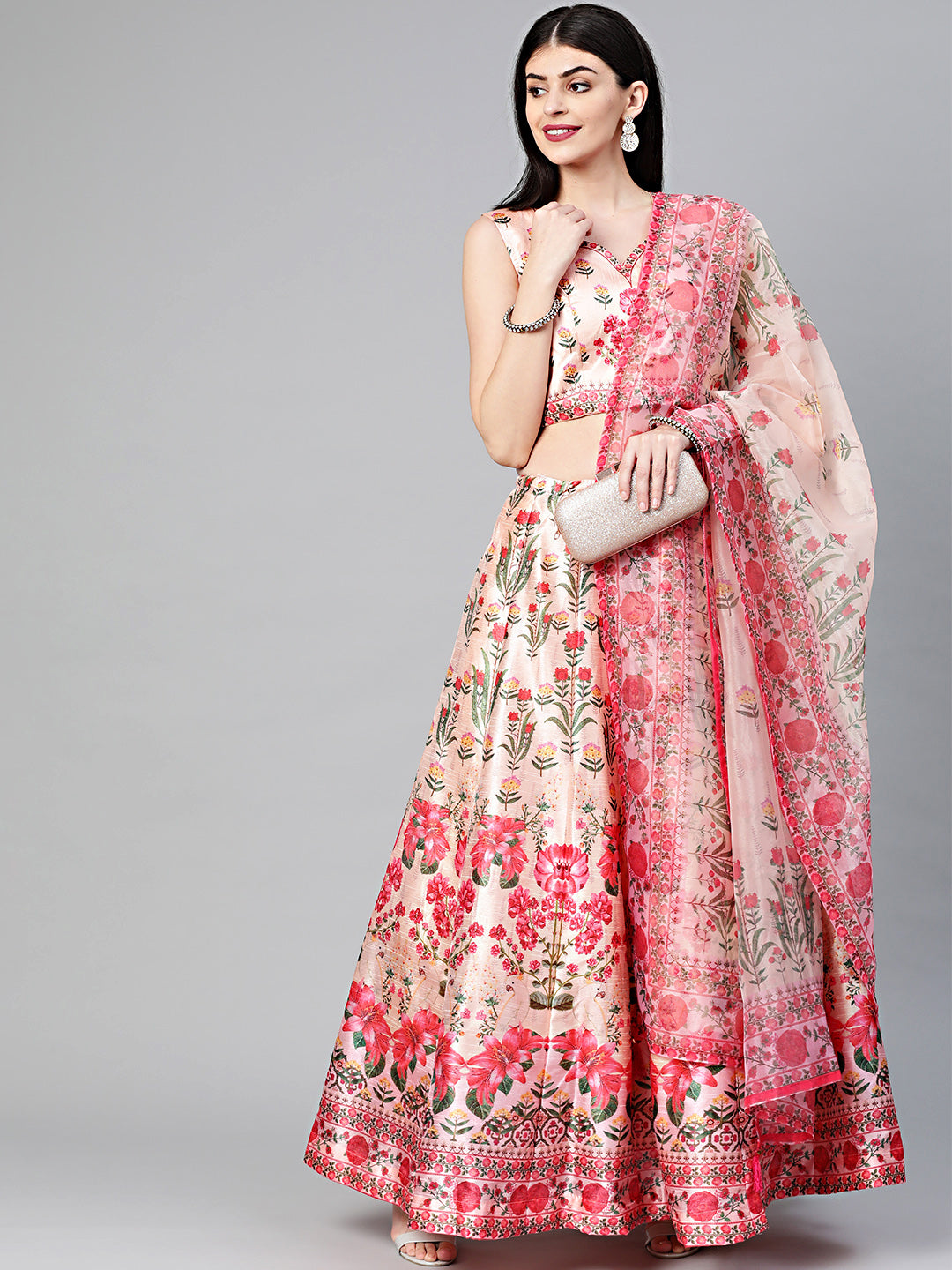 Embellished Digital Print Crop Top Set with Floral Tribal Pattern