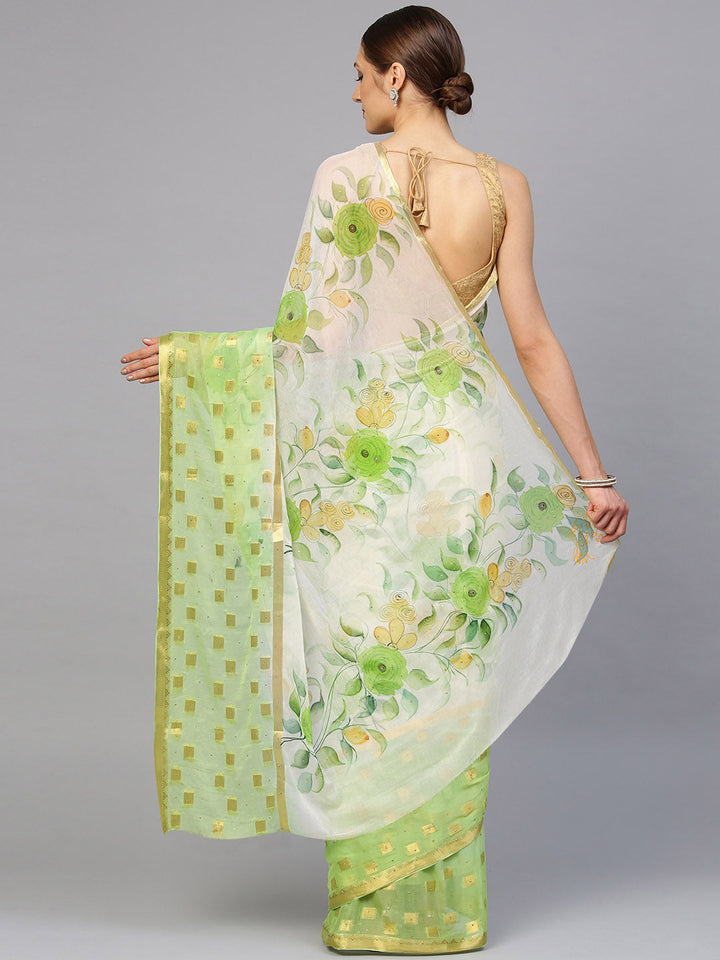 Ombre Chiffon Saree with Floral Print and Crystal Embellishment