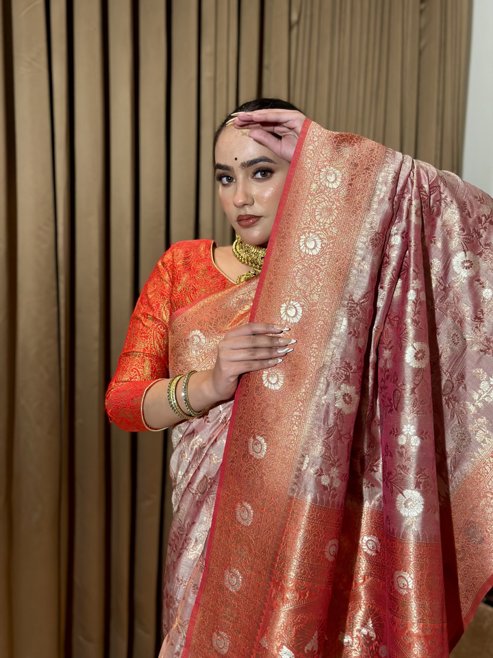 Mauve Tissue Silk Heavy Zari Woven Floral Jaal Saree
