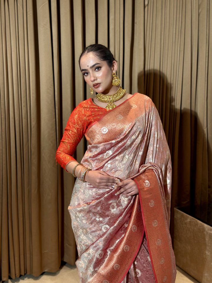 Mauve Tissue Silk Heavy Zari Woven Floral Jaal Saree