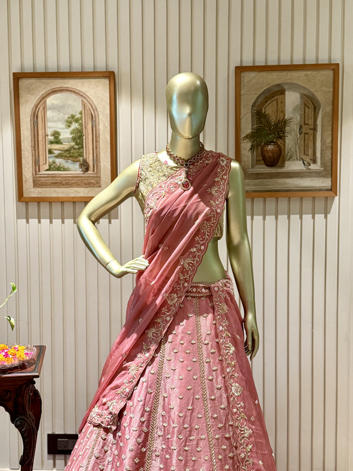 Organza Silk Dusky Pink Summer Bride Lehenga