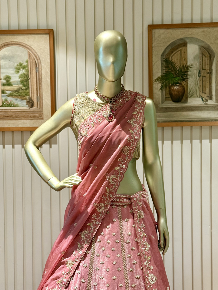 Organza Silk Dusky Pink Summer Bride Lehenga