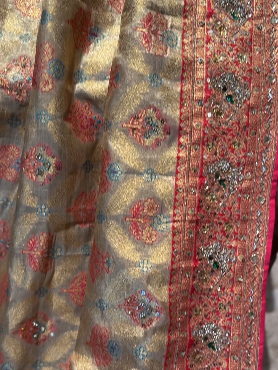 Banarasi Silk Gold Meenakari Weaving Saree with Crystal Embellishments
