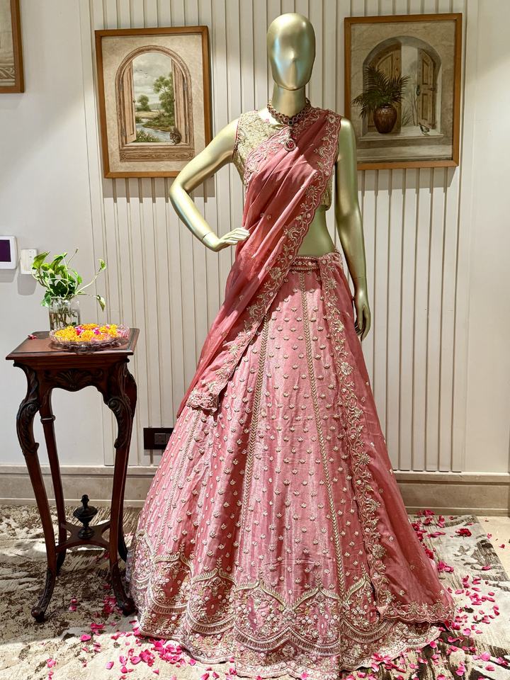 Organza Silk Dusky Pink Summer Bride Lehenga
