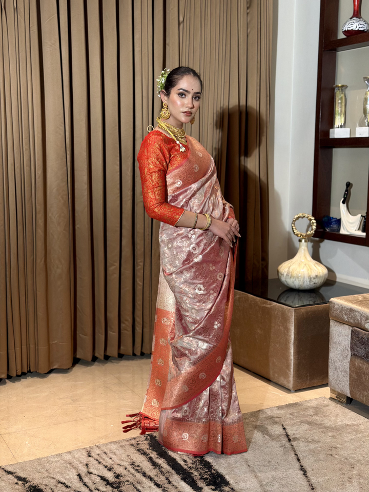 Mauve Tissue Silk Heavy Zari Woven Floral Jaal Saree