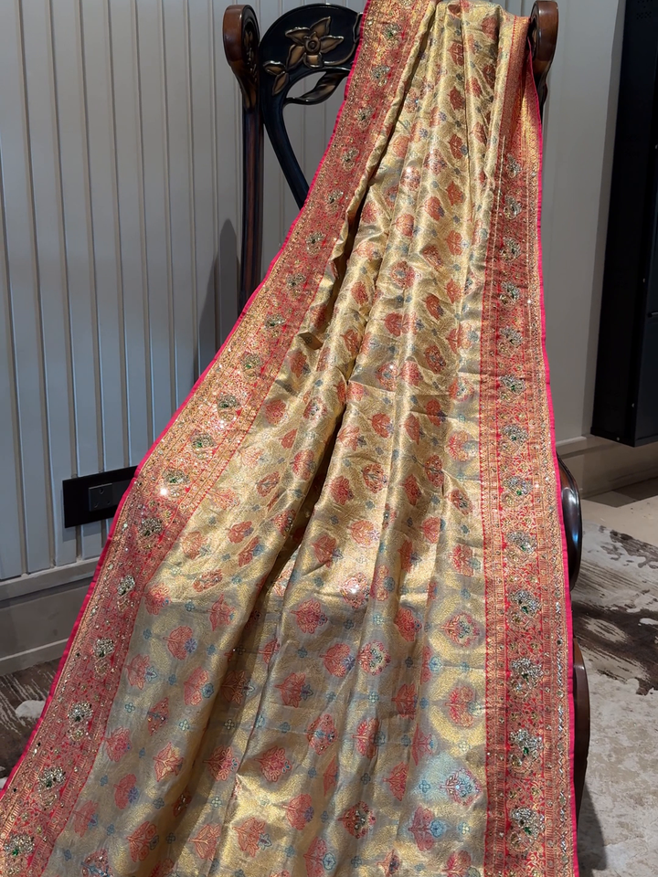 Banarasi Silk Gold Meenakari Weaving Saree with Crystal Embellishments