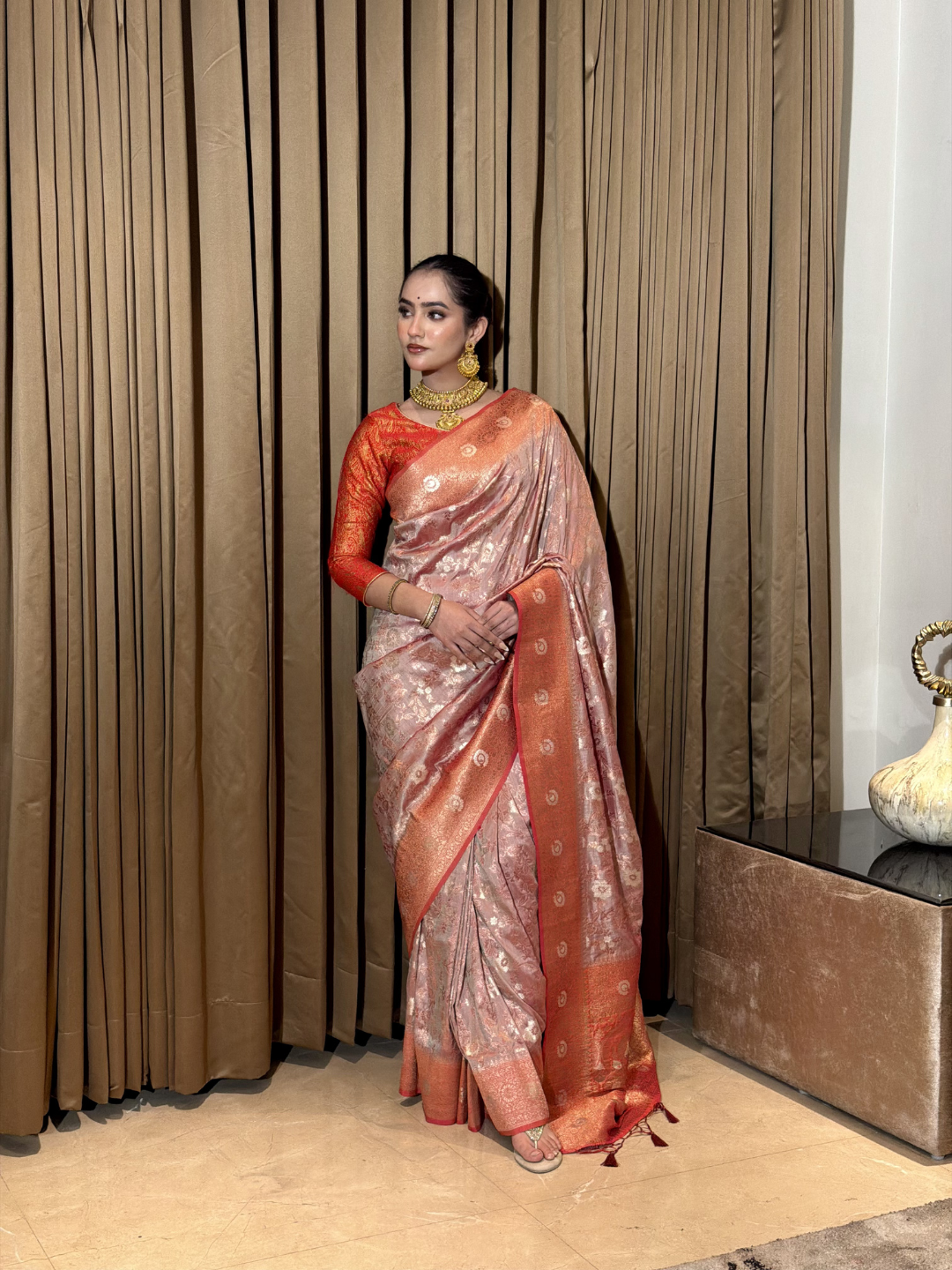 Mauve Tissue Silk Heavy Zari Woven Floral Jaal Saree