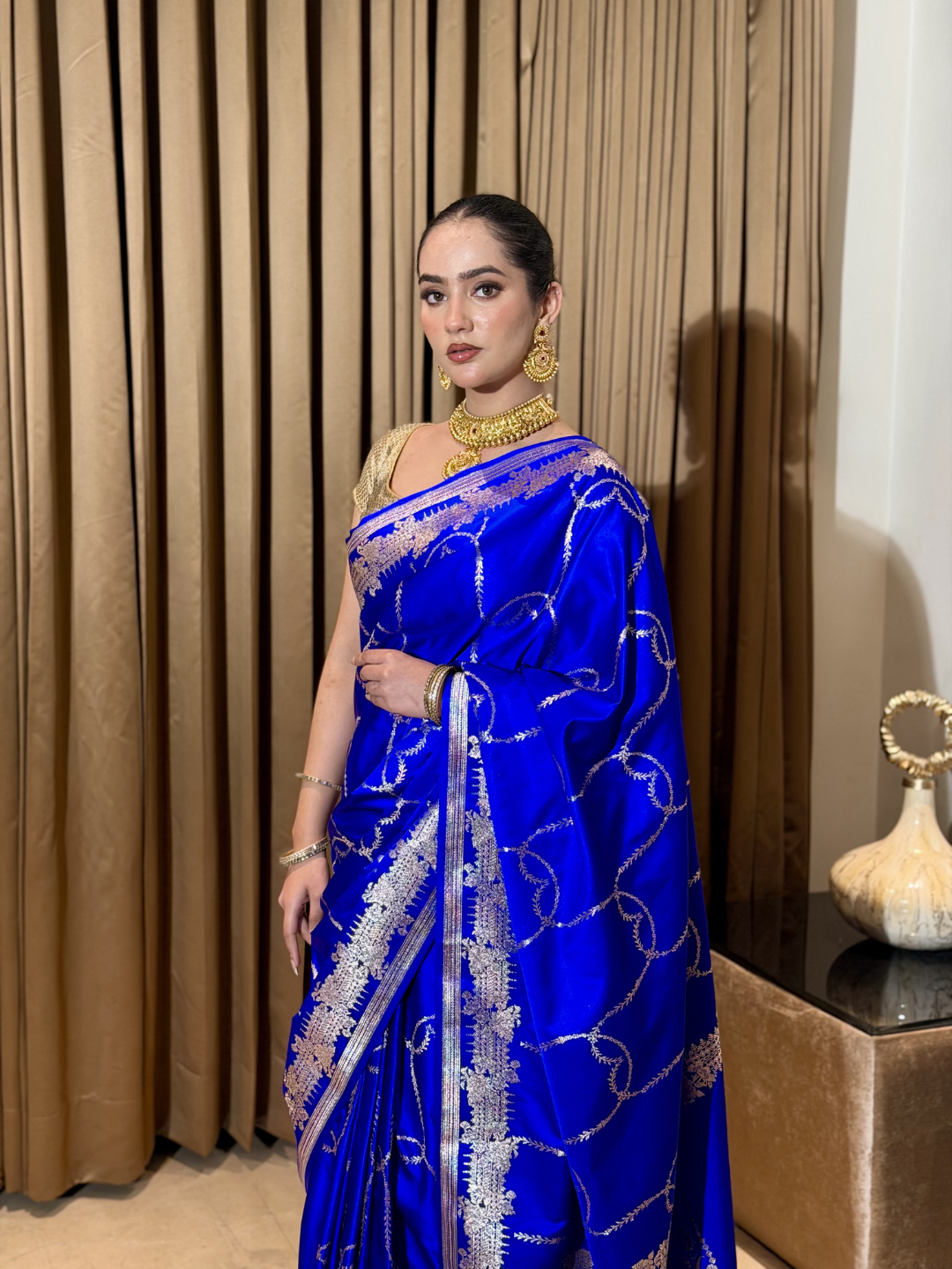 Satin Silk Heavy Zari Woven Floral Vine Saree with Zari Woven