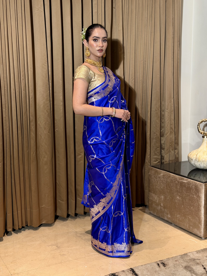 Satin Silk Heavy Zari Woven Floral Vine Saree with Zari Woven