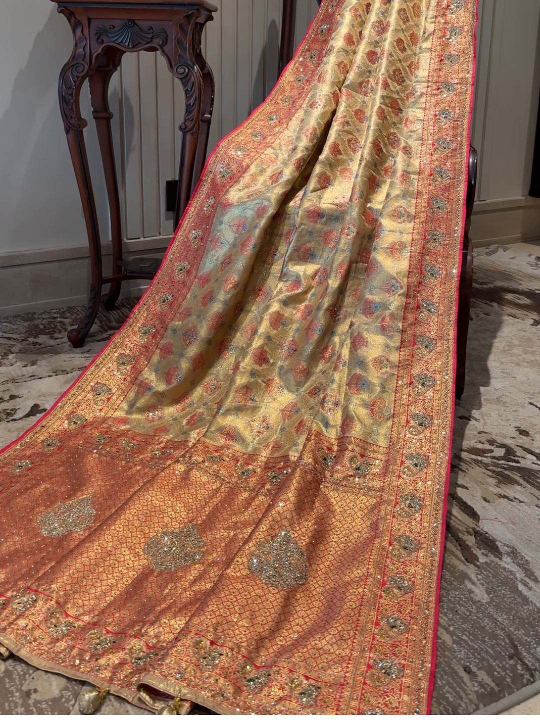Banarasi Silk Gold Meenakari Weaving Saree with Crystal Embellishments