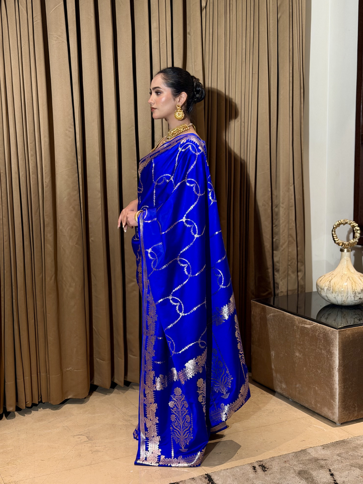 Satin Silk Heavy Zari Woven Floral Vine Saree with Zari Woven