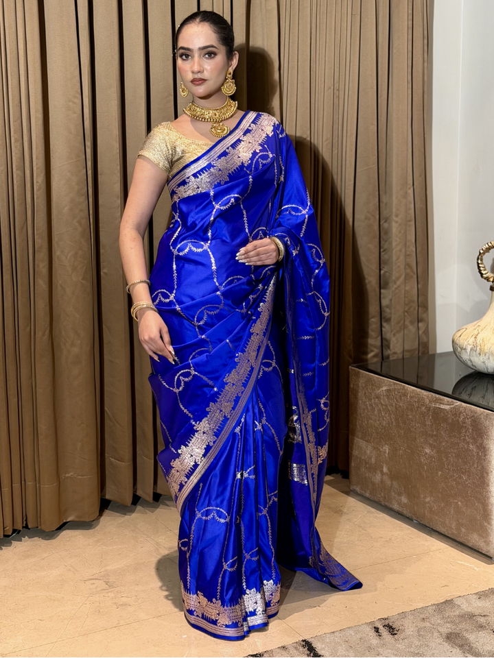Satin Silk Heavy Zari Woven Floral Vine Saree with Zari Woven