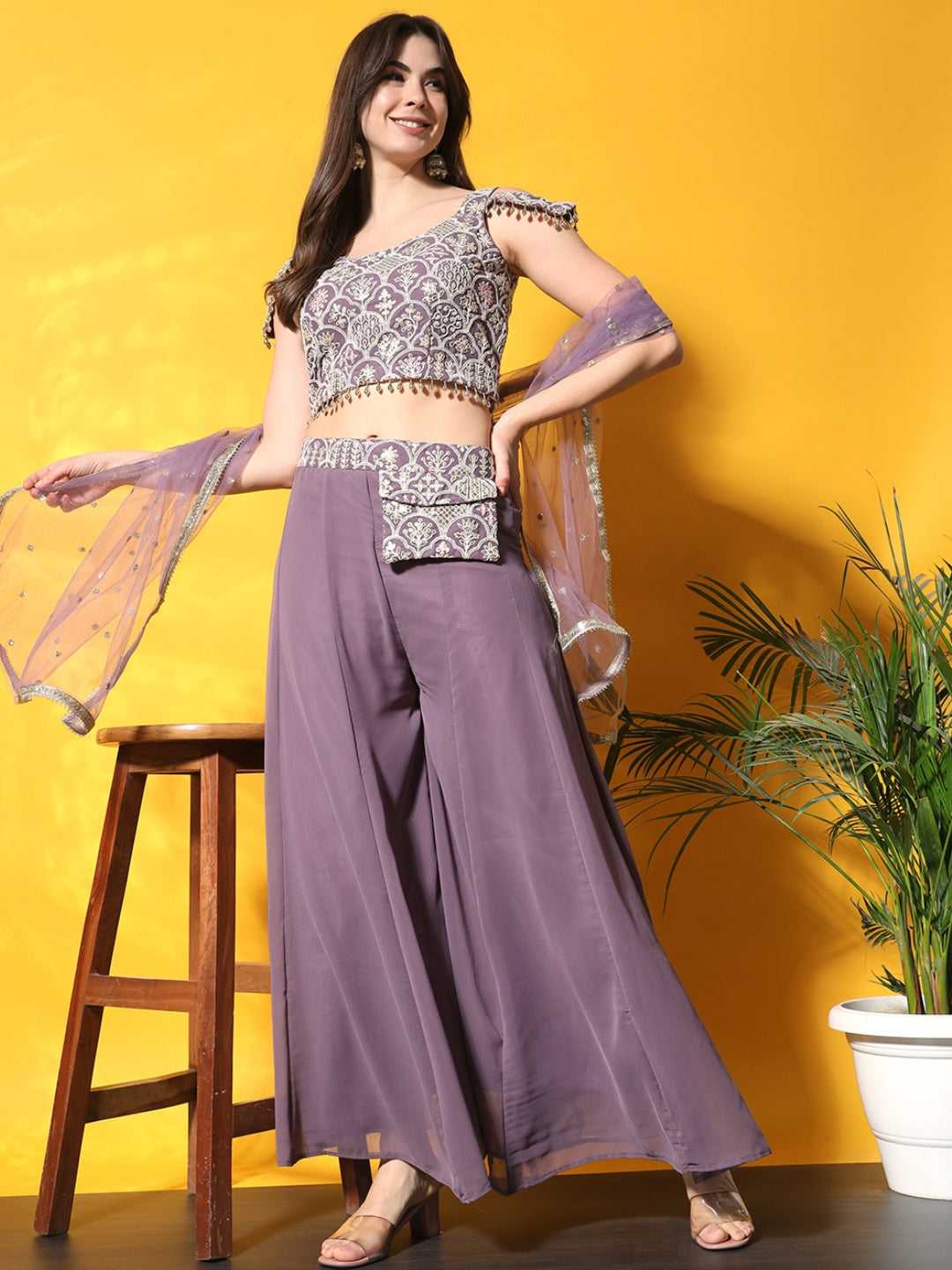 Lavender Thread Embroidery Crop Top With Flared Palazzo & Pocket