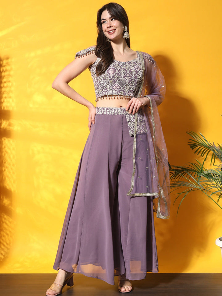 Lavender Thread Embroidery Crop Top With Flared Palazzo & Pocket