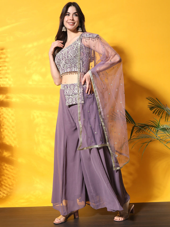 Lavender Thread Embroidery Crop Top With Flared Palazzo & Pocket