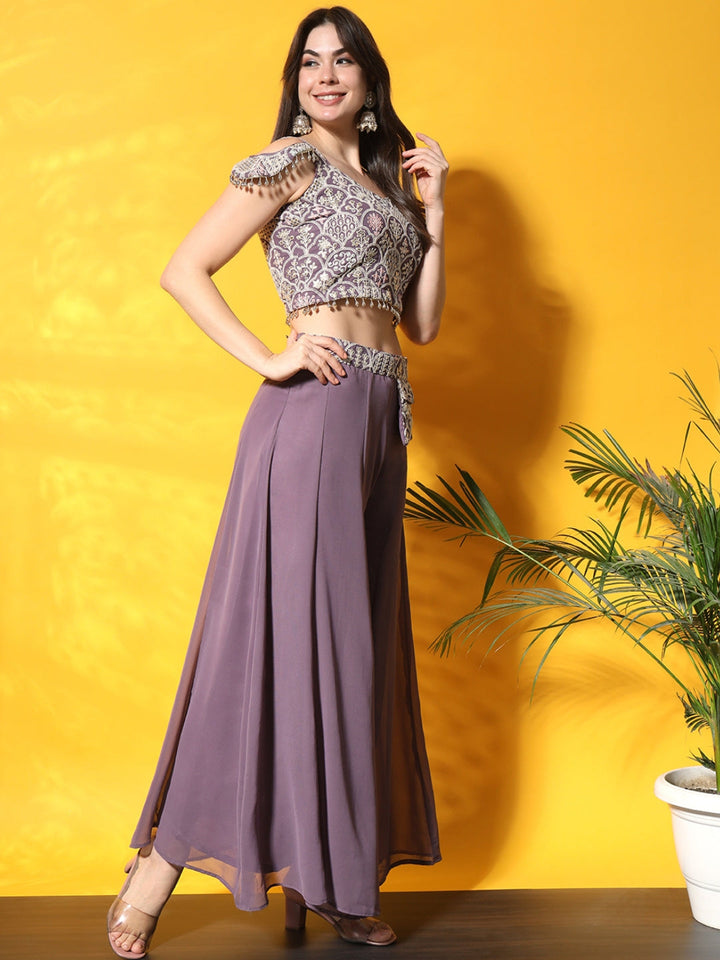 Lavender Thread Embroidery Crop Top With Flared Palazzo & Pocket