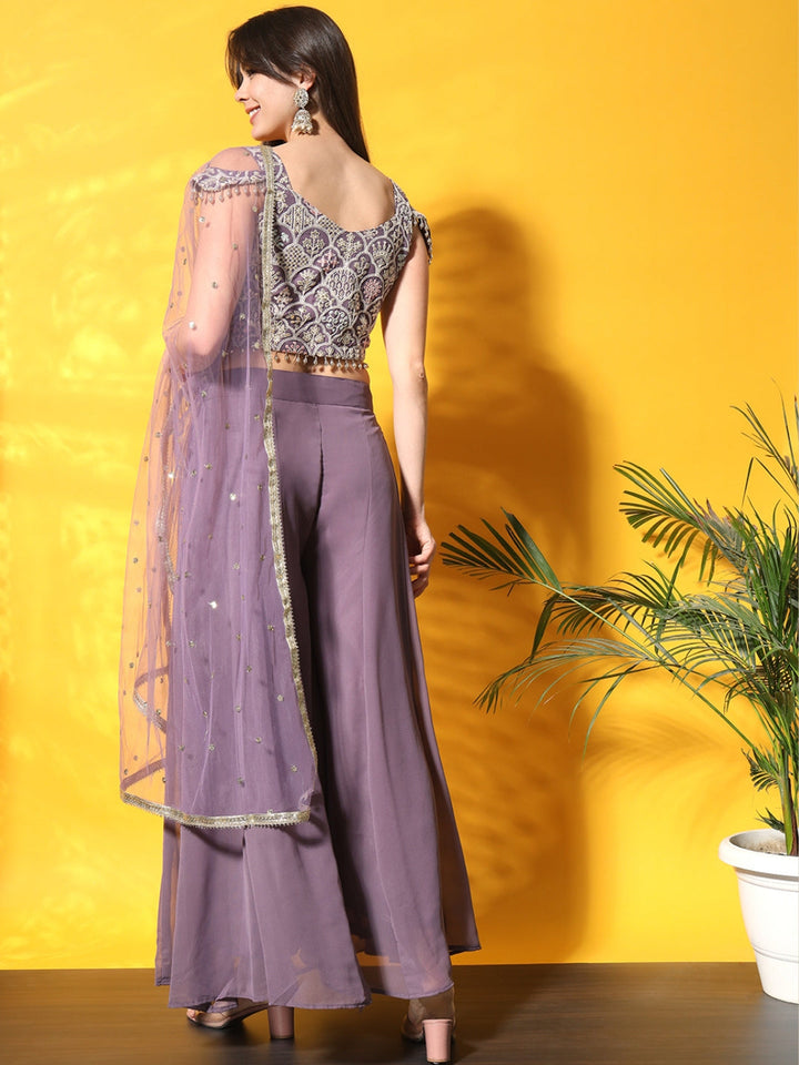 Lavender Thread Embroidery Crop Top With Flared Palazzo & Pocket