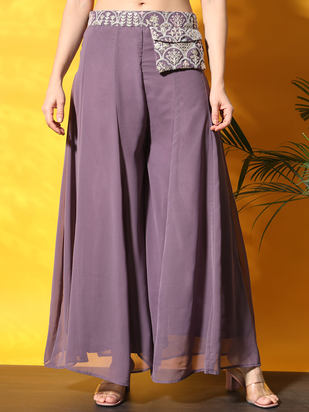 Lavender Thread Embroidery Crop Top With Flared Palazzo & Pocket